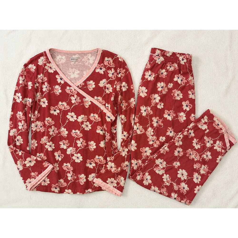Garnet Hill Pajama Set M Cherry Blossom Floral Wrap Top Pants Red Pink PJs